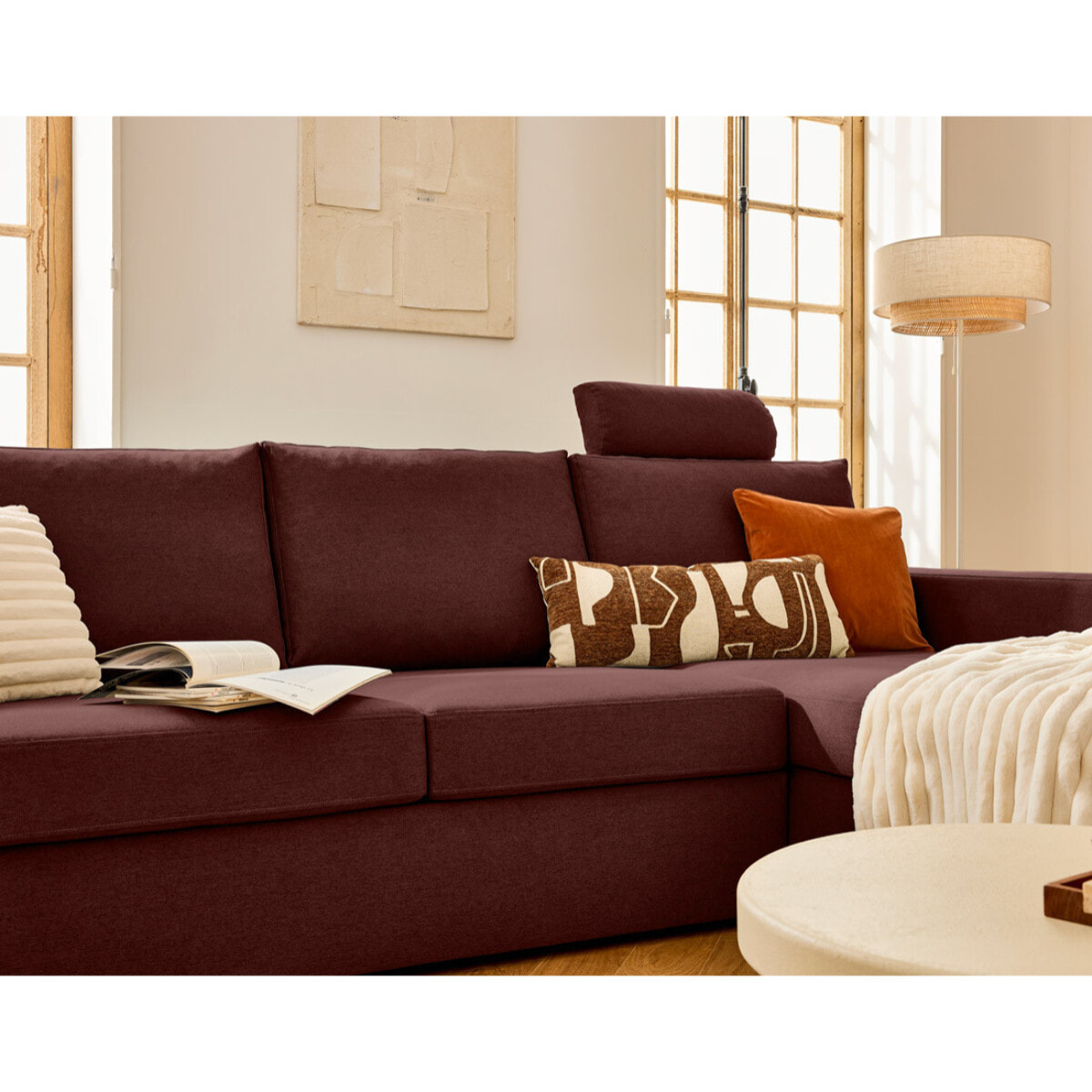 Barrie - canapé d'angle réversible 4 places avec têtière amovible en tissu - Rouge
