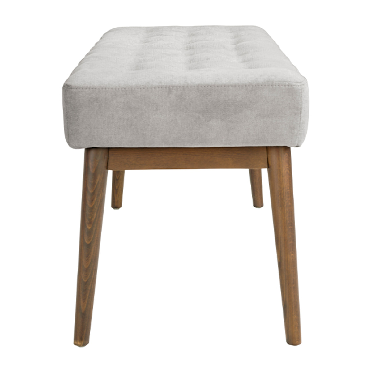 Banqueta tapizada en tela gris oscuro con estructura de patas de madera en nogal 100x40x45cm