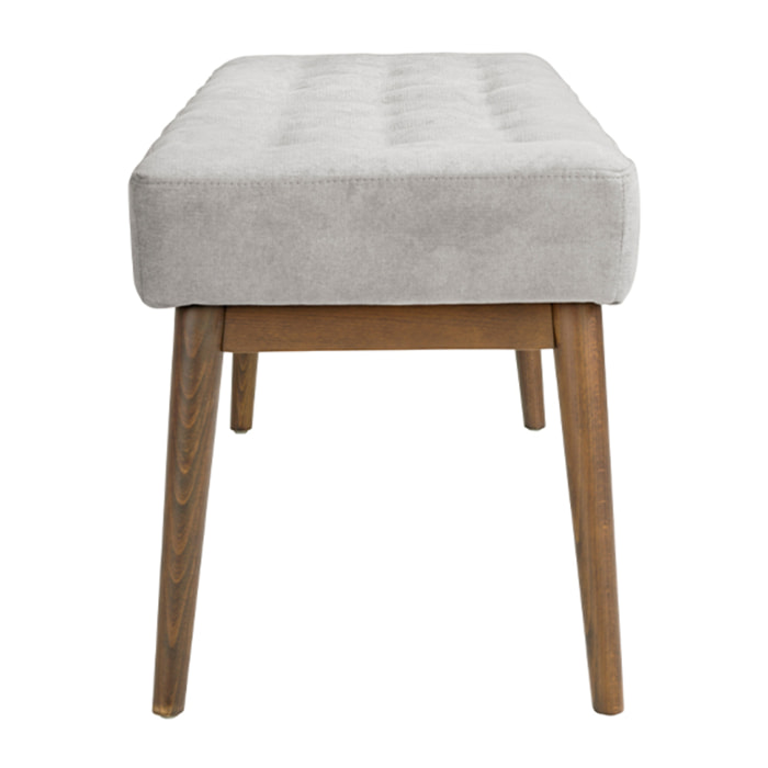 Banqueta tapizada en tela gris oscuro con estructura de patas de madera en nogal 100x40x45cm