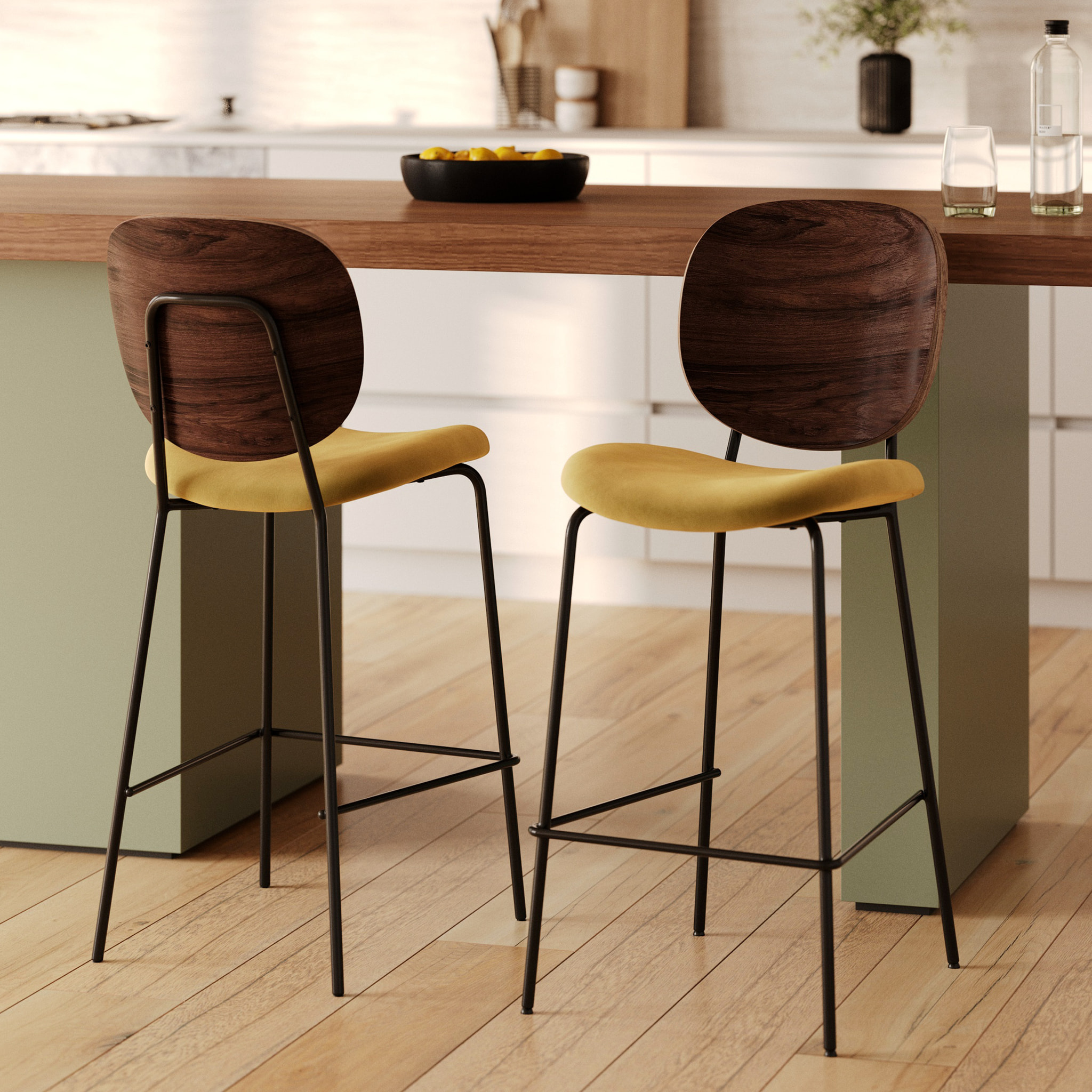 Lot de 2 chaises pour îlot central 65,5 cm en velours jaune - Simone