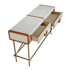 Consola rectangula en madera chapada en nogal natural con un elegante tapizado en tela gris claro 141x45x81cm