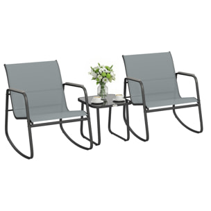 Conjunto de Mesa y Sillas de Terraza Exterior de 3 Piezas, Muebles de Jardín Exterior con 2 Sillas Mecedoras, Mesa con Encimera de Vidrio y Estructura de Acero, para Patio, Balcón, Gris