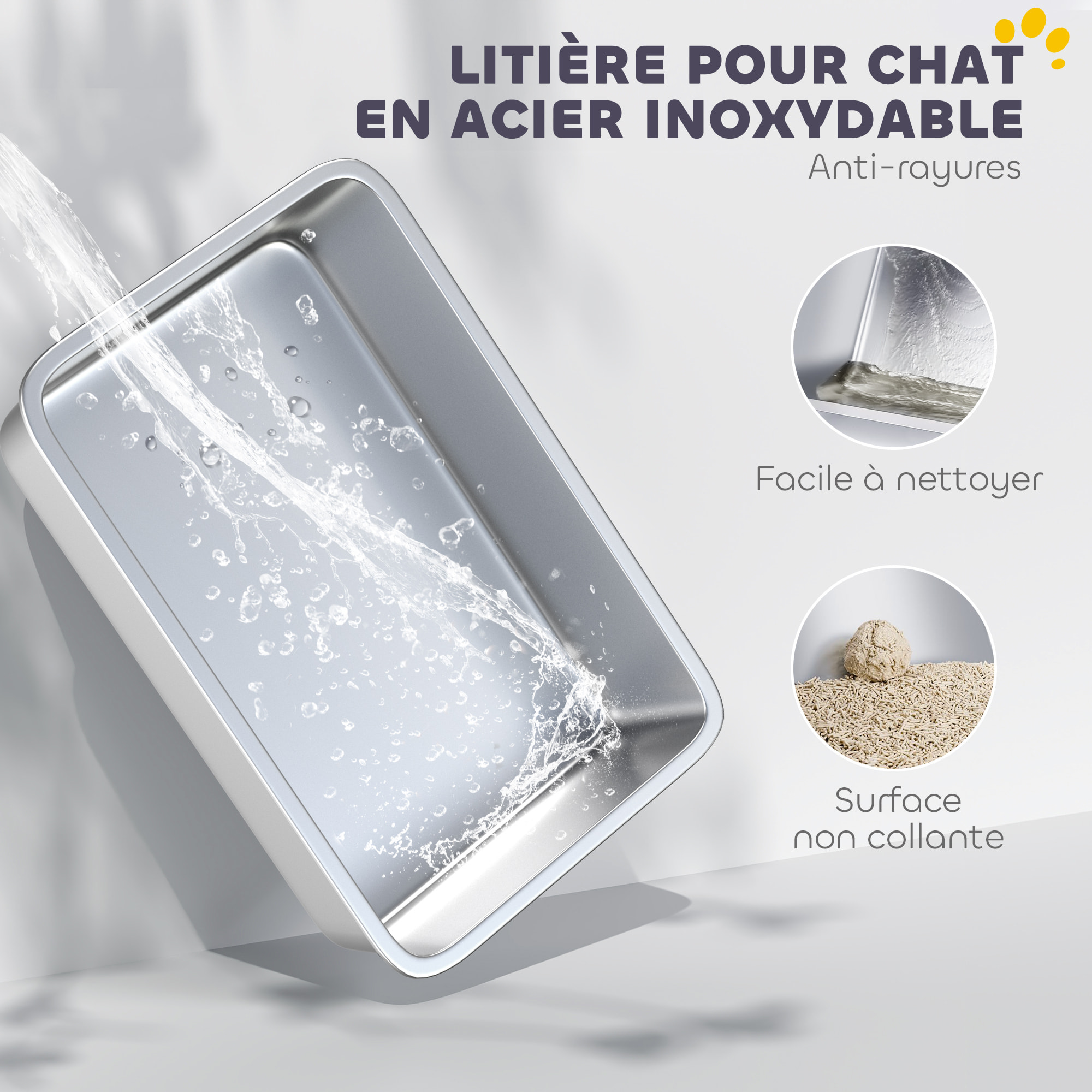 Maison de toilette XL bac litière acier inox porte pelle gris clair