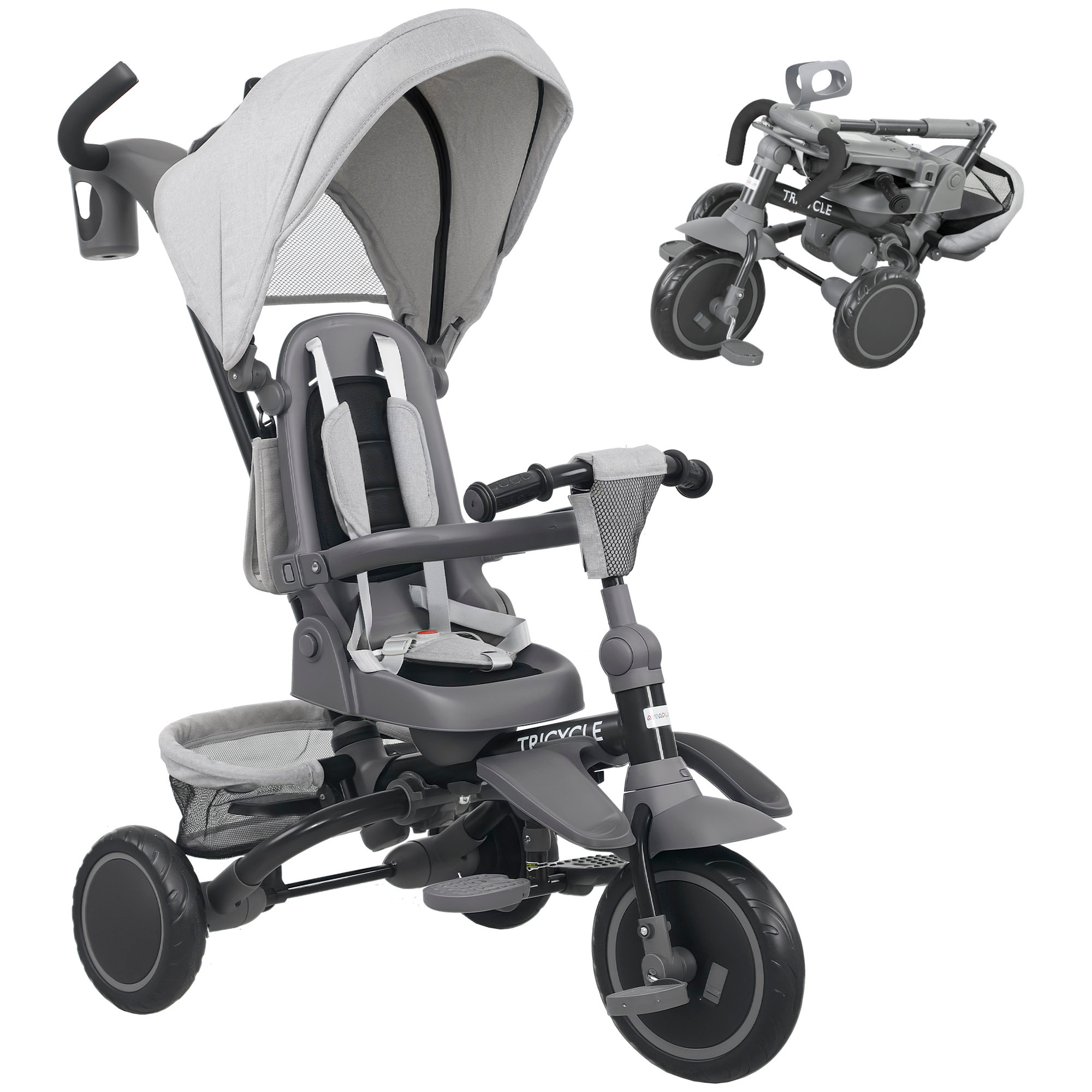 Triciclo Evolutivo 6 en 1, Triciclo para Bebés Plegable, 1-5 Años, Asiento Giratorio de 360°, Mango Parental, Respaldo Reclinable, Toldo, Cinturón de Seguridad, Cesta, Reposapiés, Gris