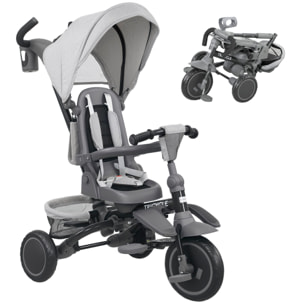 Triciclo Evolutivo 6 en 1, Triciclo para Bebés Plegable, 1-5 Años, Asiento Giratorio de 360°, Mango Parental, Respaldo Reclinable, Toldo, Cinturón de Seguridad, Cesta, Reposapiés, Gris