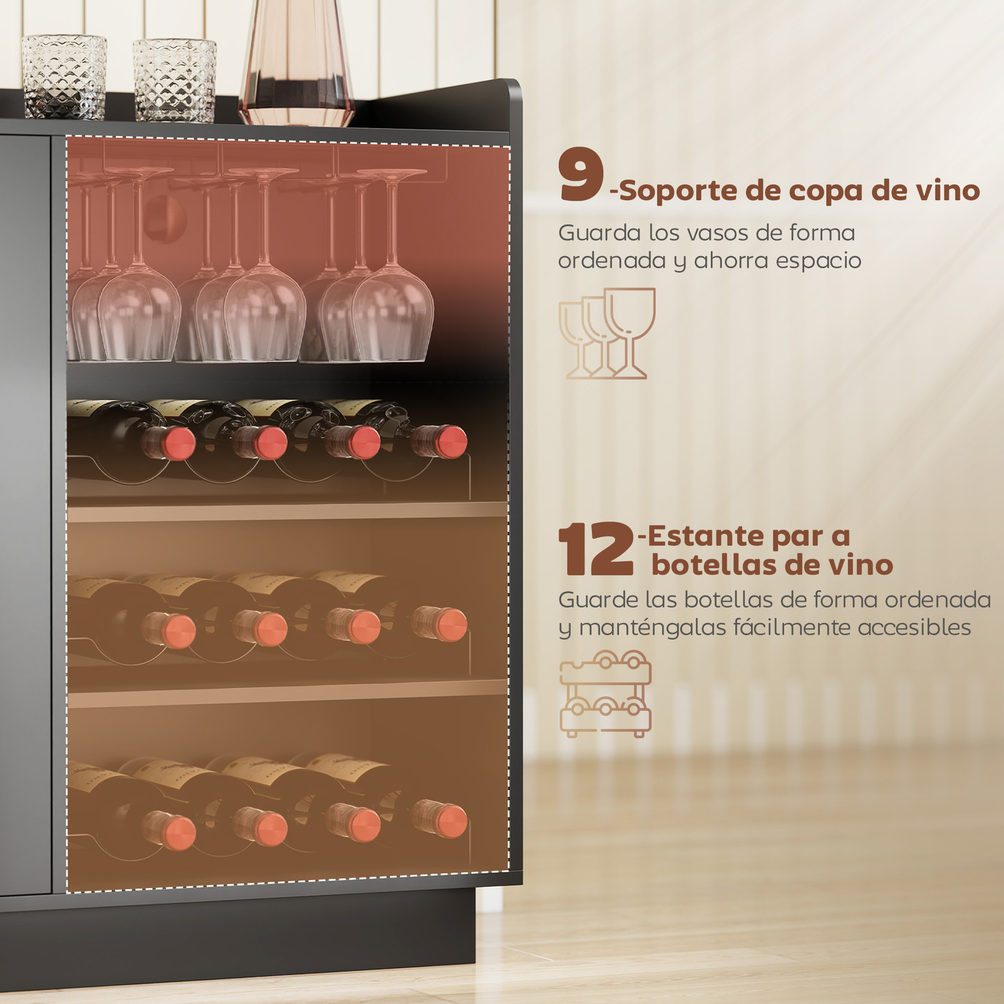 Mueble de Bar, Armario Buffet para Vinos con Luces LED RGB y Botellero para 12 Botellas, Aparador de Cocina con Estante Ajustable y Puertas de Cierre Suave, para Comedor, Salón, Negro