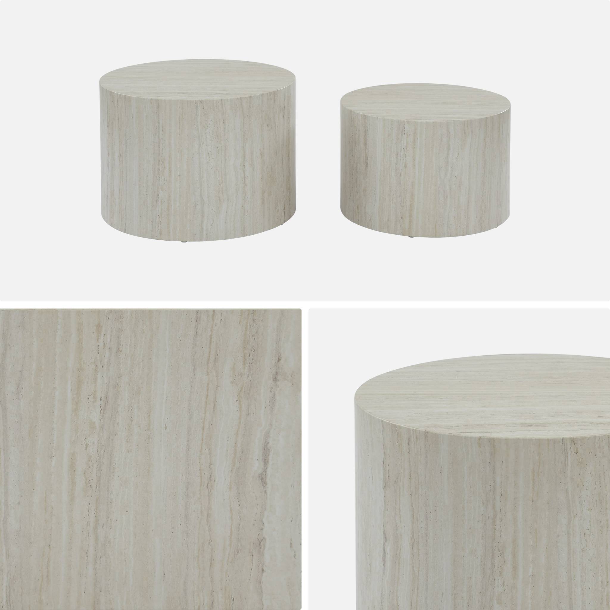 Lot de 2 tables basses PAROS rondes effet marbre blanc cassé. tables gigognes Ø58 x H 40cm / Ø50 x H 33cm