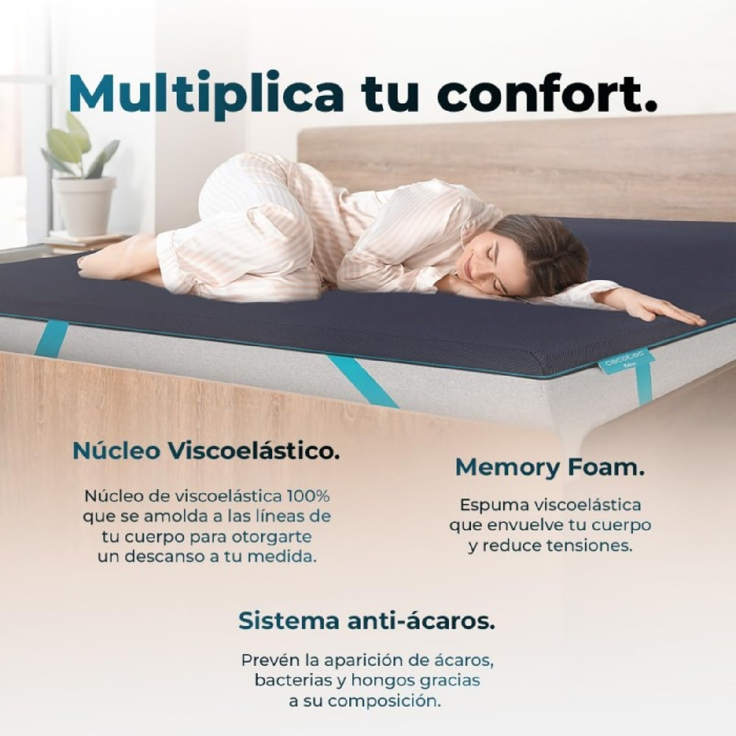 Cecotec Surmatelas Flow TopSerenity 135 x 190 Noyau en mémoire 100%, Sangles éla