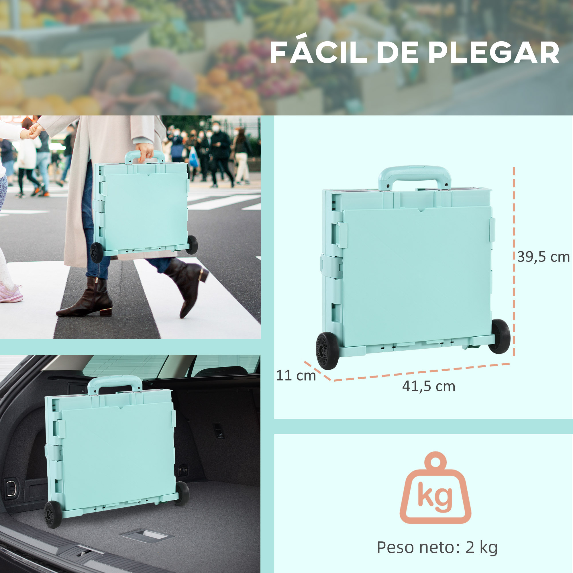 Carrito de la Compra Plegable Carrito para Supermercado con 2 Ruedas Longitud de Mango Ajustable Capacidad 32 Litros para Oficina Escuela Hogar 41,5x32,5x85 cm Verde