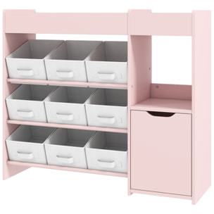 Etagère de rangement enfant pour jouets livres - 9 boîtes amovibles non-tissé - porte, niche, 2 compartiments - blanc rose