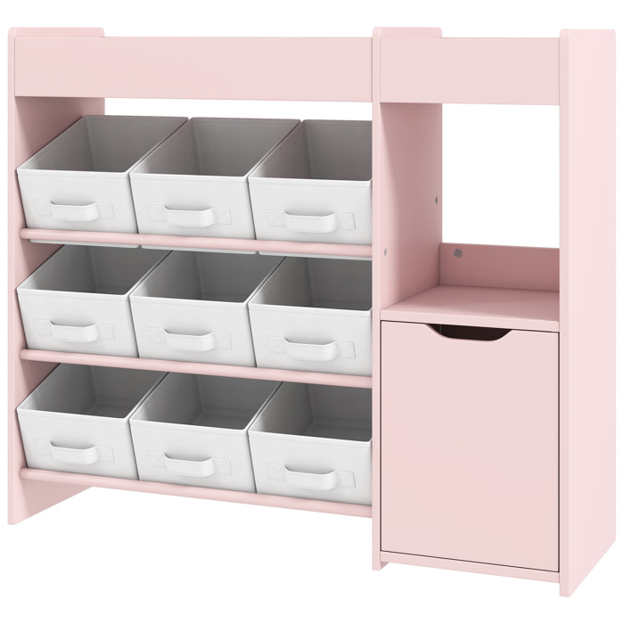 Etagère de rangement enfant pour jouets livres - 9 boîtes amovibles non-tissé - porte, niche, 2 compartiments - blanc rose