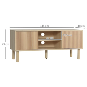 Meuble TV banc TV design Urban Craft - 2 portes coulissantes, 2 niches - piètement cylindrique - panneaux particules aspect bois clair