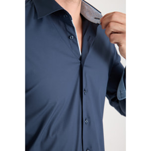 Camicia Uomo 1 Bottone Francese Slim Popeline Stretch Unito Blu