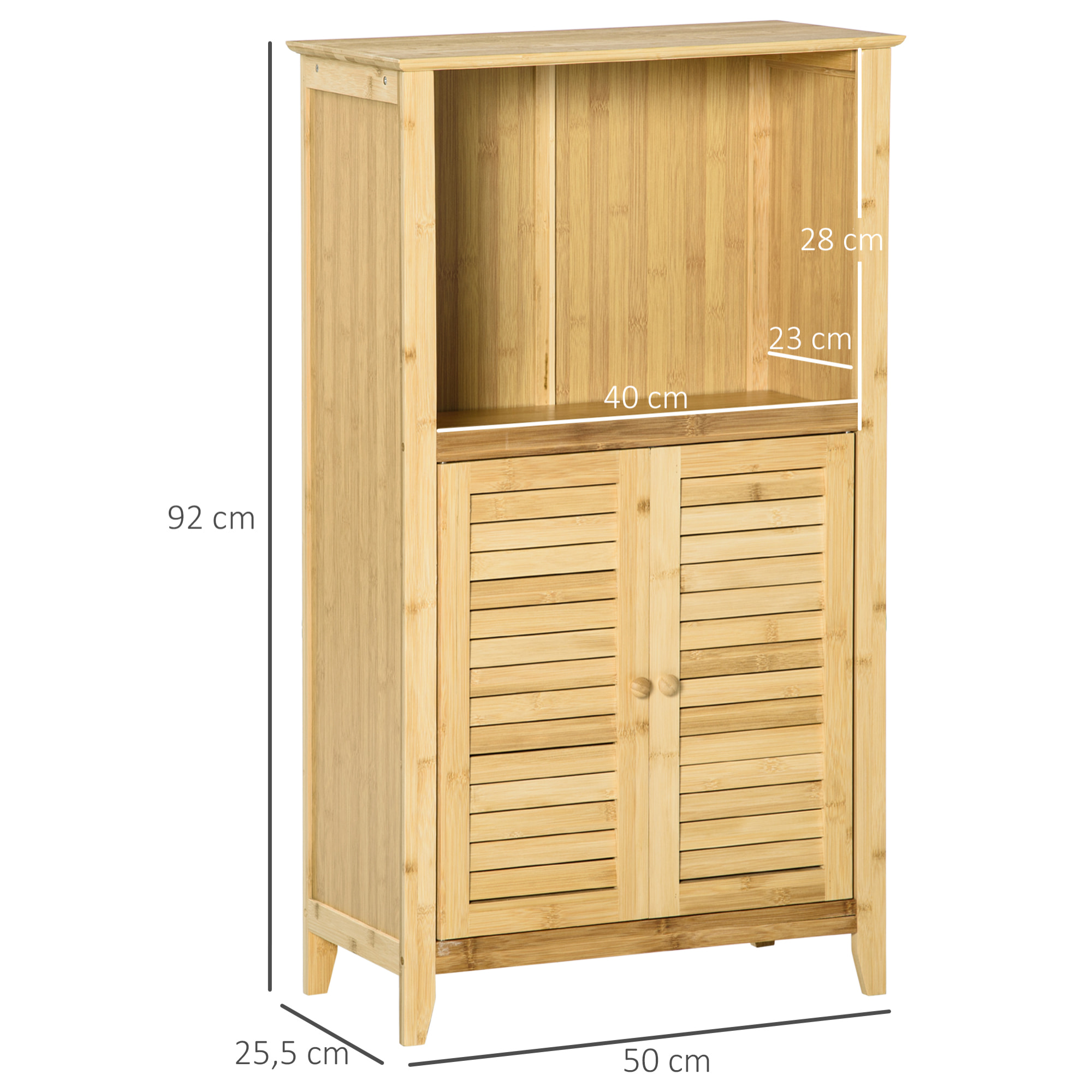 Armario Auxiliar de Baño de Bambú Armario de Suelo de Baño con 2 Puertas Compartimiento Abierto y Estante Ajustable 50x25,5x92 cm Natural