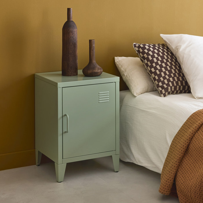 Table de chevet en acier vert. 1 porte. casier