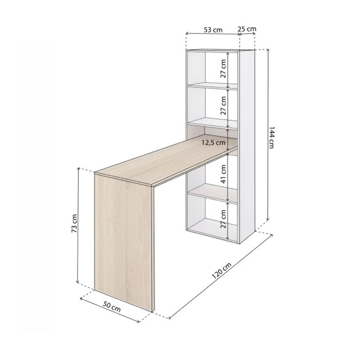 Mesa de escritorio con estantería Cosmic Blanco Artik (Blanco Mate) - Roble Canadian