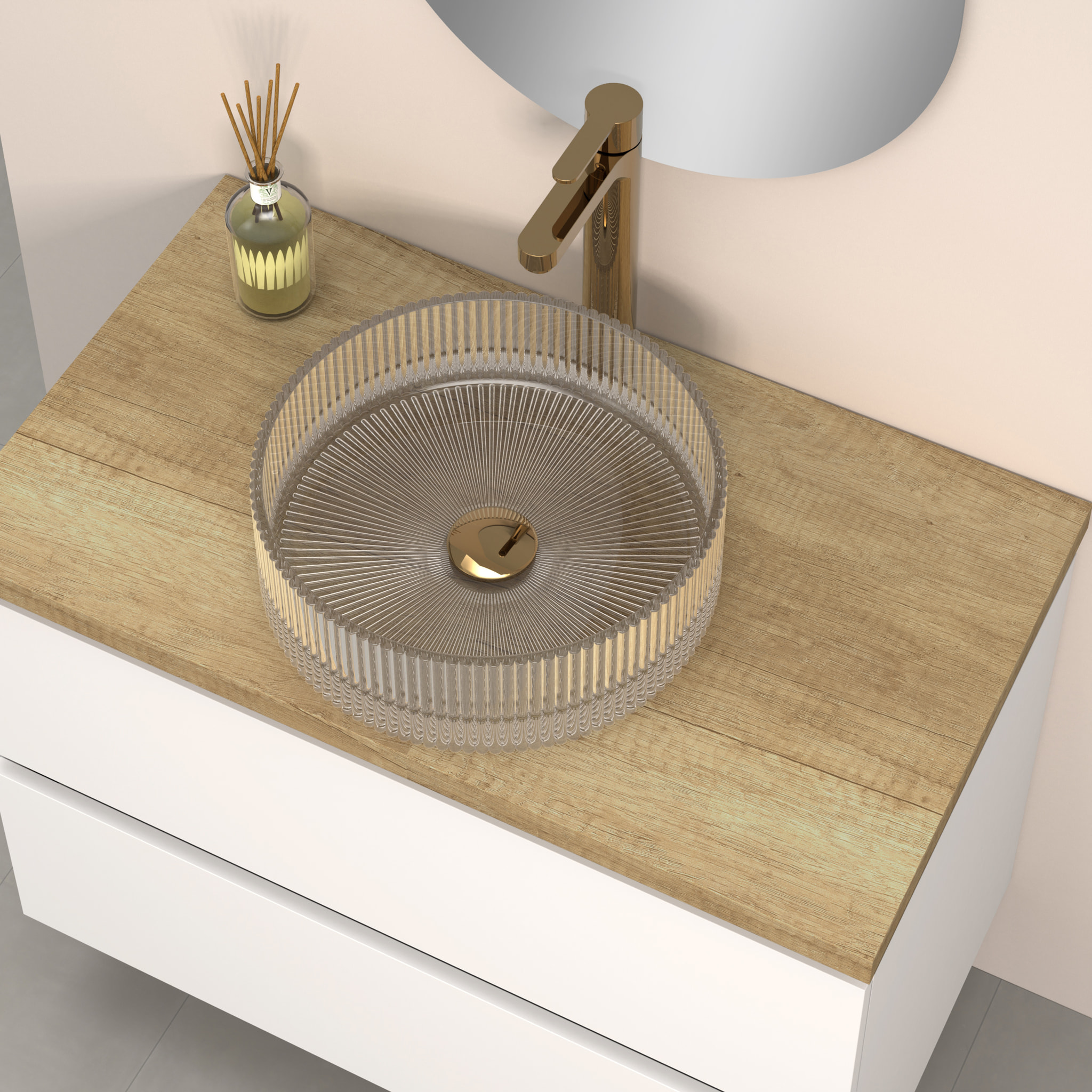Conjunto de Baño Kub | 80 cm Blanco | Dos Cajones | Lavabo de Cristal | No incluye Espejo | Mueble Montado | Alday