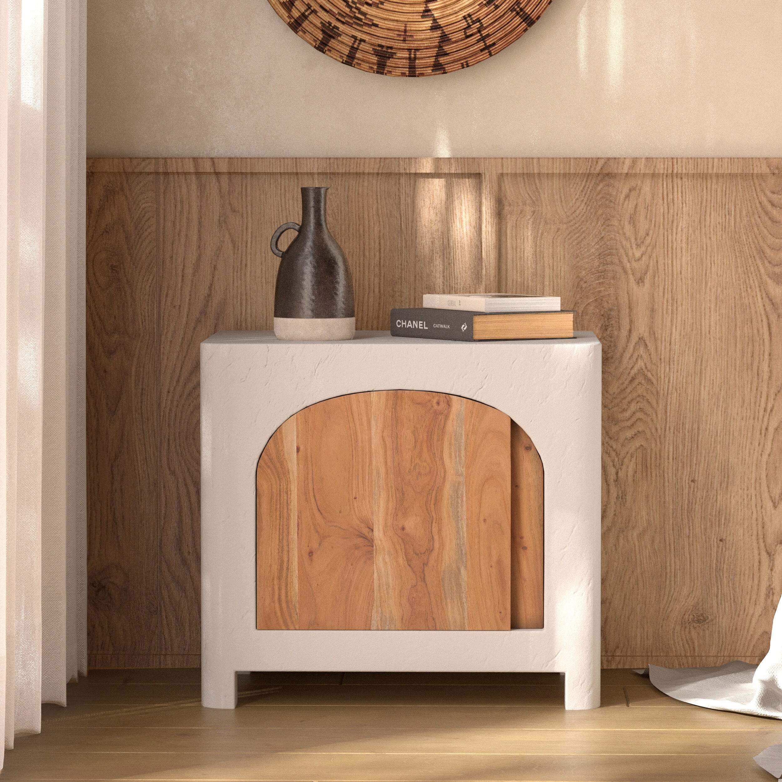 Table de chevet en béton blanc cassé et bois d'acacia - Fira