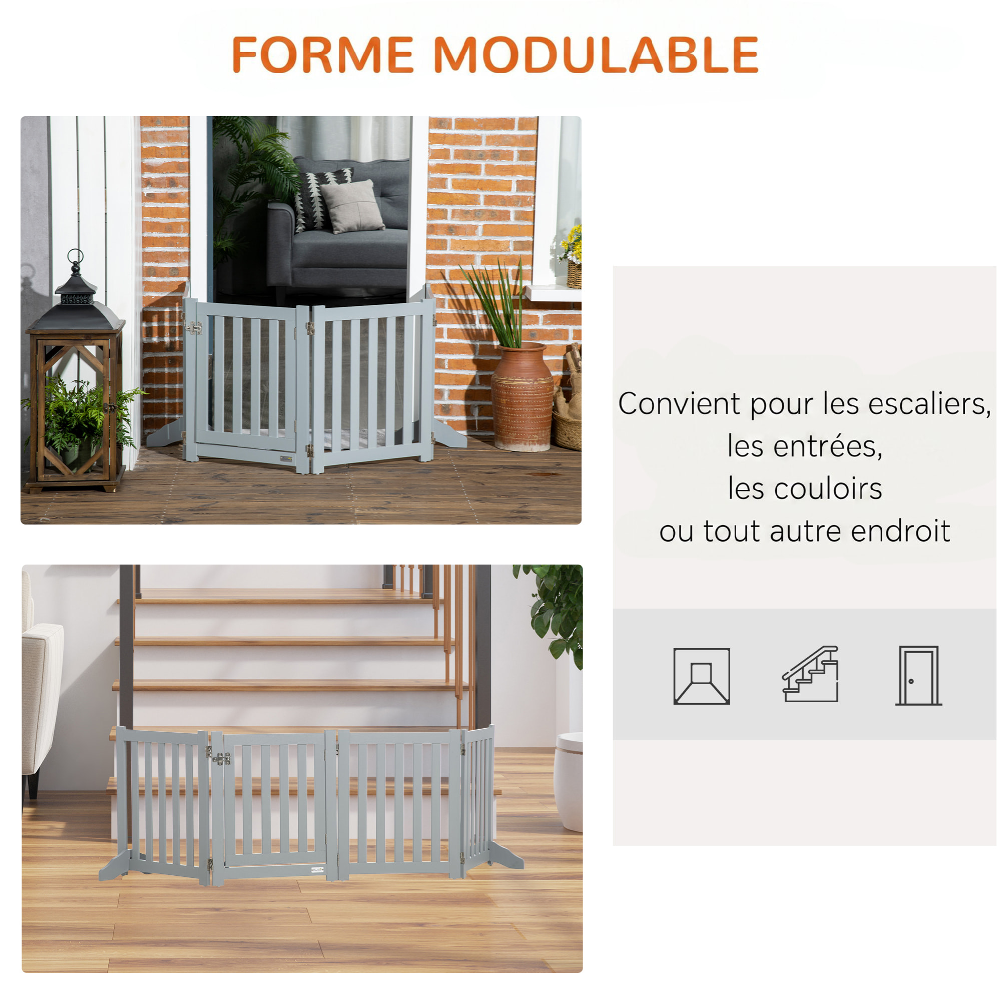 Barrière de sécurité chien pliable modulable autoportante avec porte max. 205 x 60 cm MDF gris