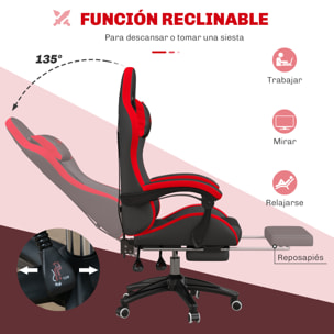 Silla Gaming Ergonómica Reclinable 135°, Silla Gamer Racing de Cuero PU con Soporte Lumbar, Altura Ajustable, Reposacabezas y Reposapiés Retráctil, para Oficina, Estudio, Negro y Rojo