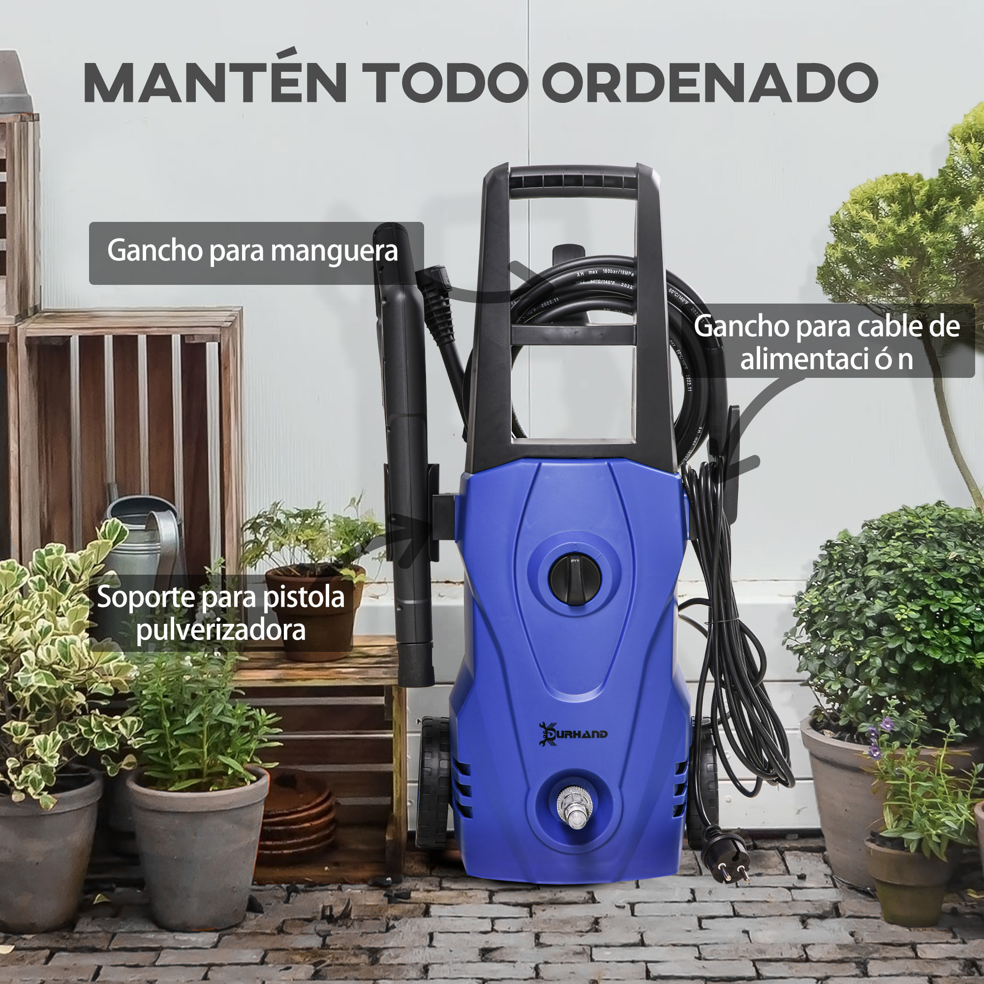 Hidrolimpiadora Lavadora de Alta Presión 1600W Caudal 432 L/h Bomba de Aluminio Presión de 135 Bar Manguera de 6 m Incluye Botella de Jabón Boquilla Cepillo 32x24x65 cm Azul