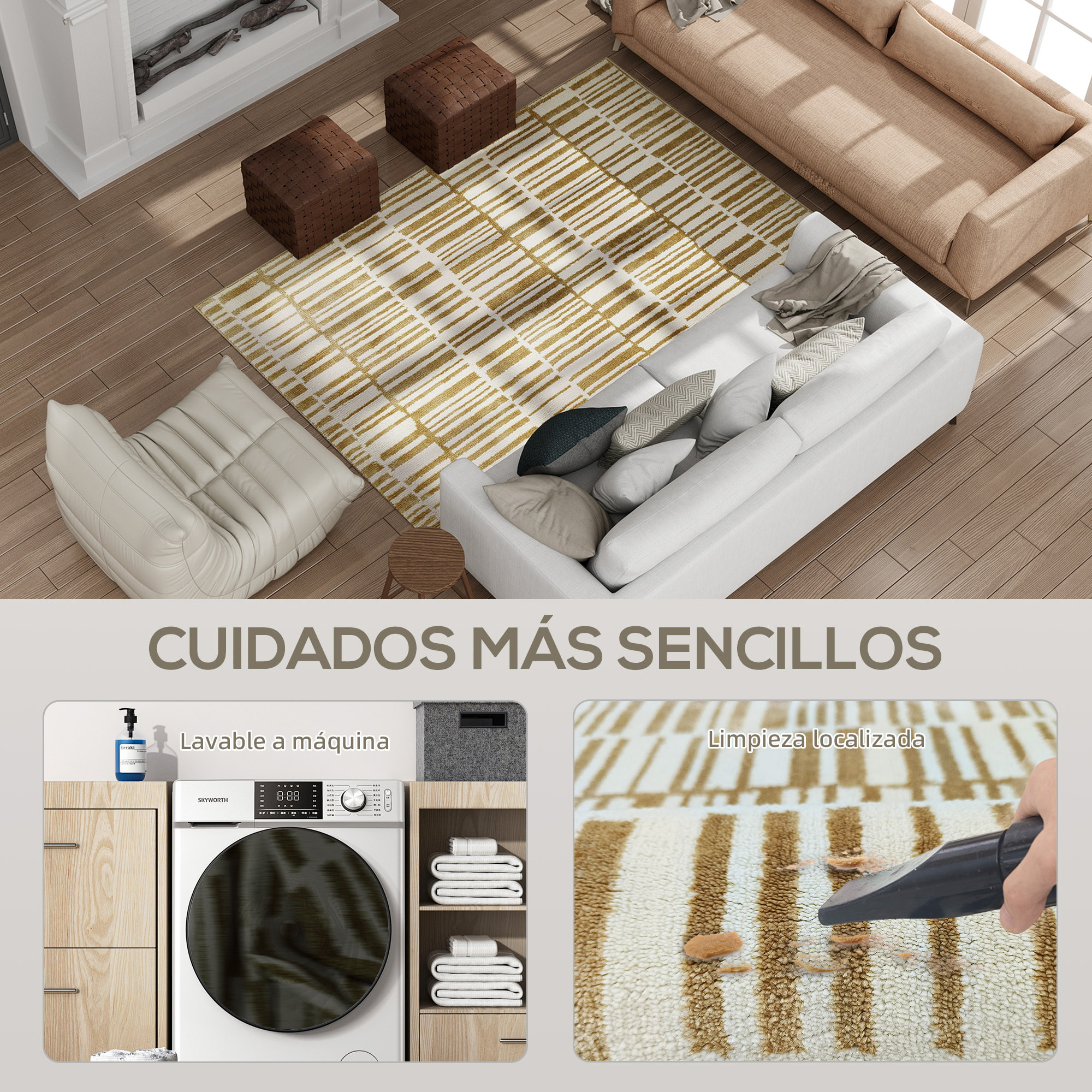 Alfombra Salón 170x120 cm Alfombra Lavable en Lavadora Pelo Corto Elementos a Rayas Tapete para Sala de Estar Dormitorio Comedor Crema