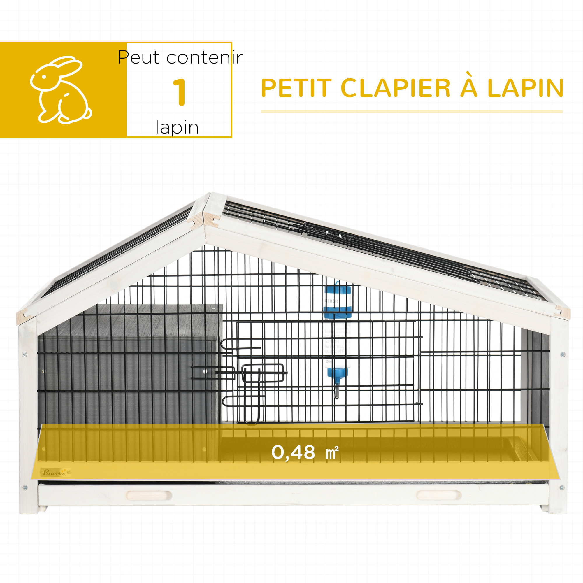 Clapier cage à lapin - niche, plateau déjection, porte et toit ouvrant verrouillables, abreuvoir - acier noir sapin gris blanc