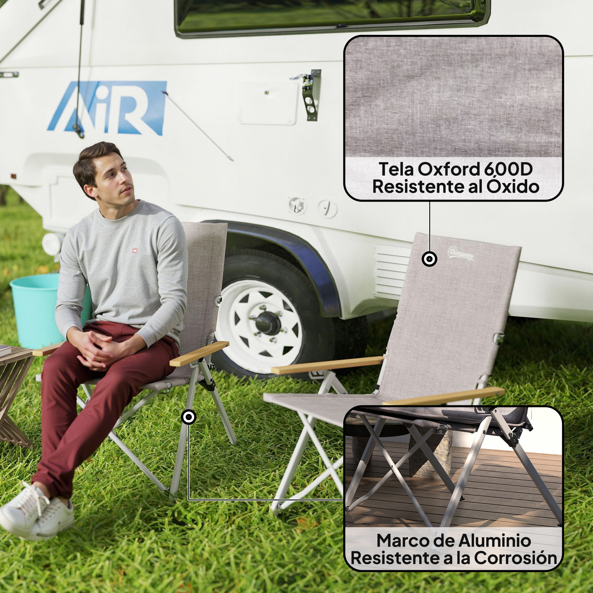 2 Sillas de Camping Plegables de Aluminio Sillas de Jardín Portátiles con Respaldo Alto Ajustable Reposabrazos de Madera y Bolsa de Transporte para Exterior 59x67x96 cm Gris Claro