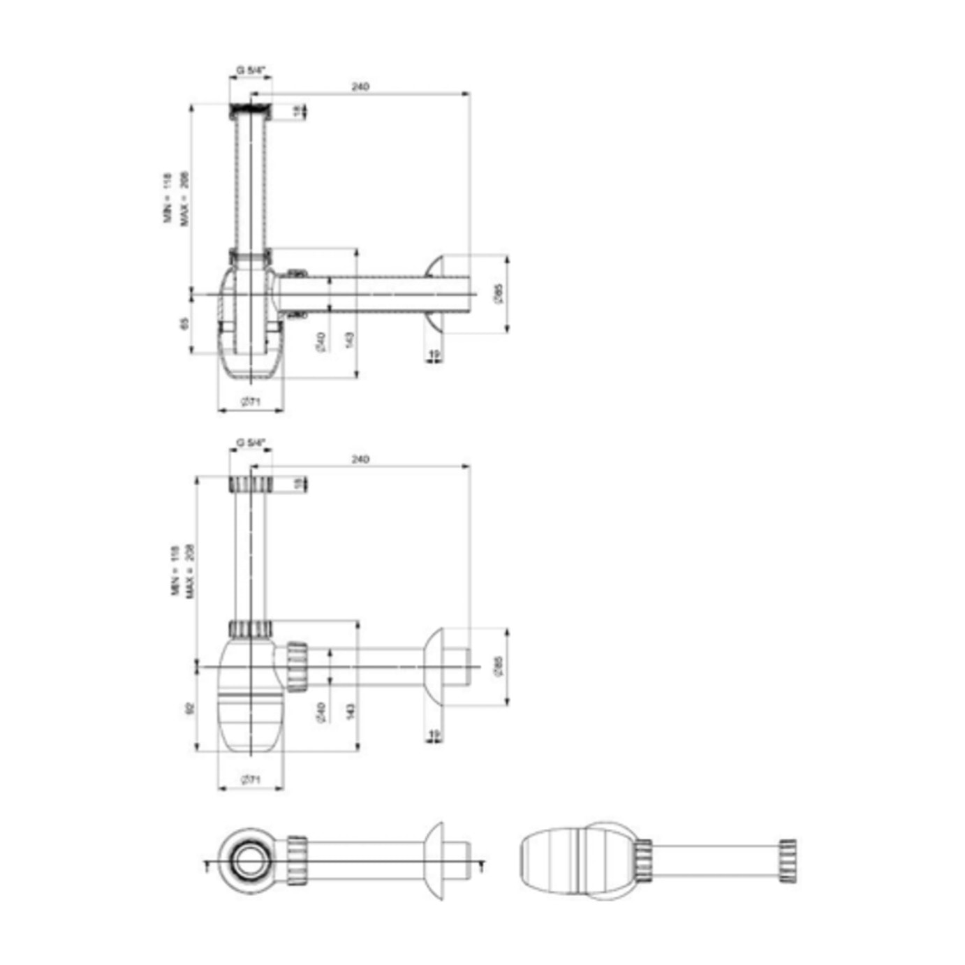 Multi siphon de lavabo 5/4″ DN40, pour mitigeur monocommande avec système de vidage, blanc (E560)