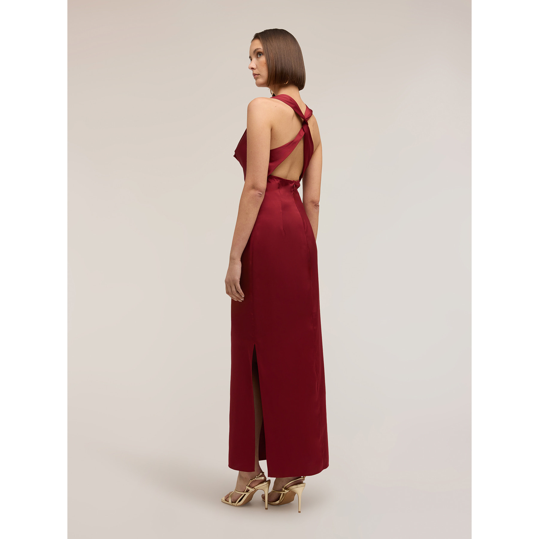 Motivi - Vestido largo de satén con drapeado - Burgundy