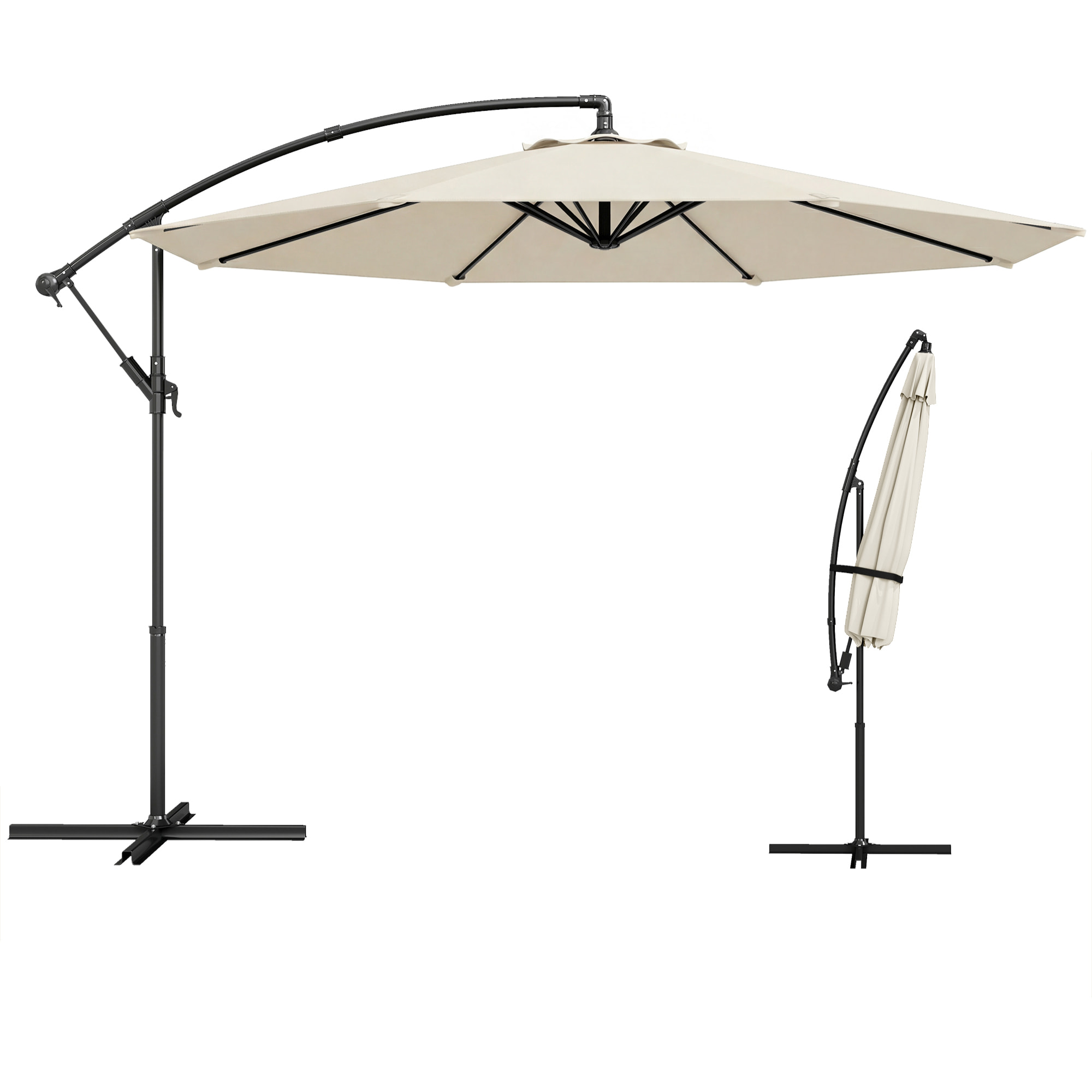 Parasol Excéntrico, Ø300 cm, Sombrilla de Jardín con Base Cruzada, Toldo Ajustable, Manivela, 8 Barras, UPF30+, para Terraza, Patio, Exterior, Blanco Crema