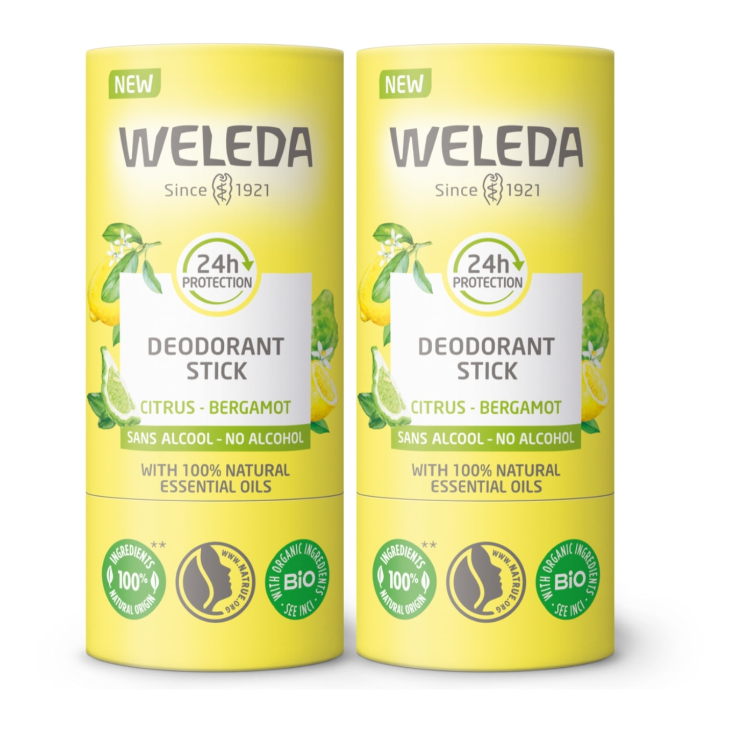 WELEDA - Duo Deodorant stick Citrus Bergamot - Efficacité 24H - Vegan* - Certifié Natrue** - Stick 2x50 g