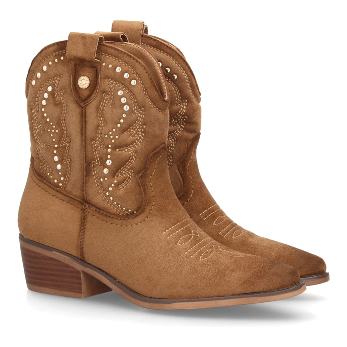 Botas cowboy mujer caña media serraje con tachuelas y tacón bajo