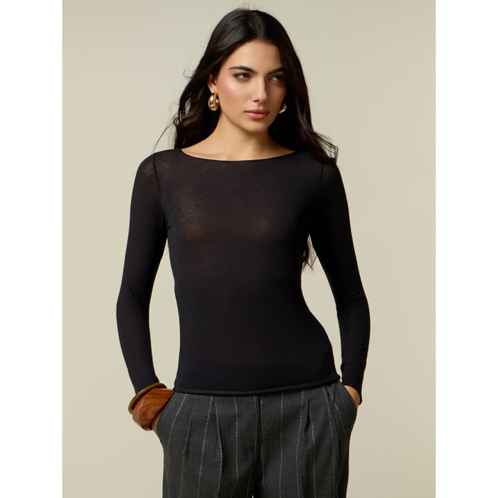 Oltre - T-shirt misto cashmere scollo a barchetta - Nero