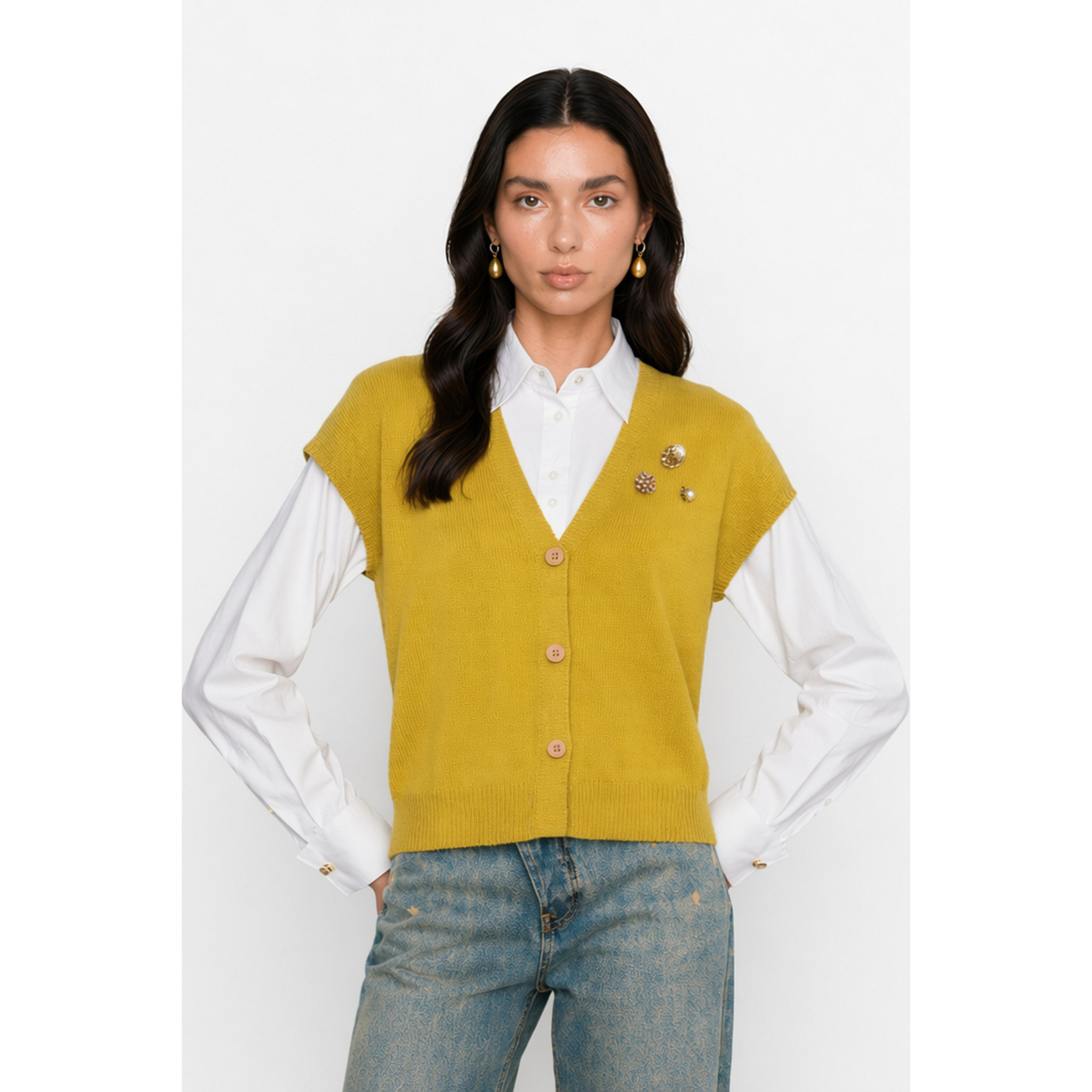 Kocca - Gilet in maglia di viscosa con bottoni e spille decorative Donna
