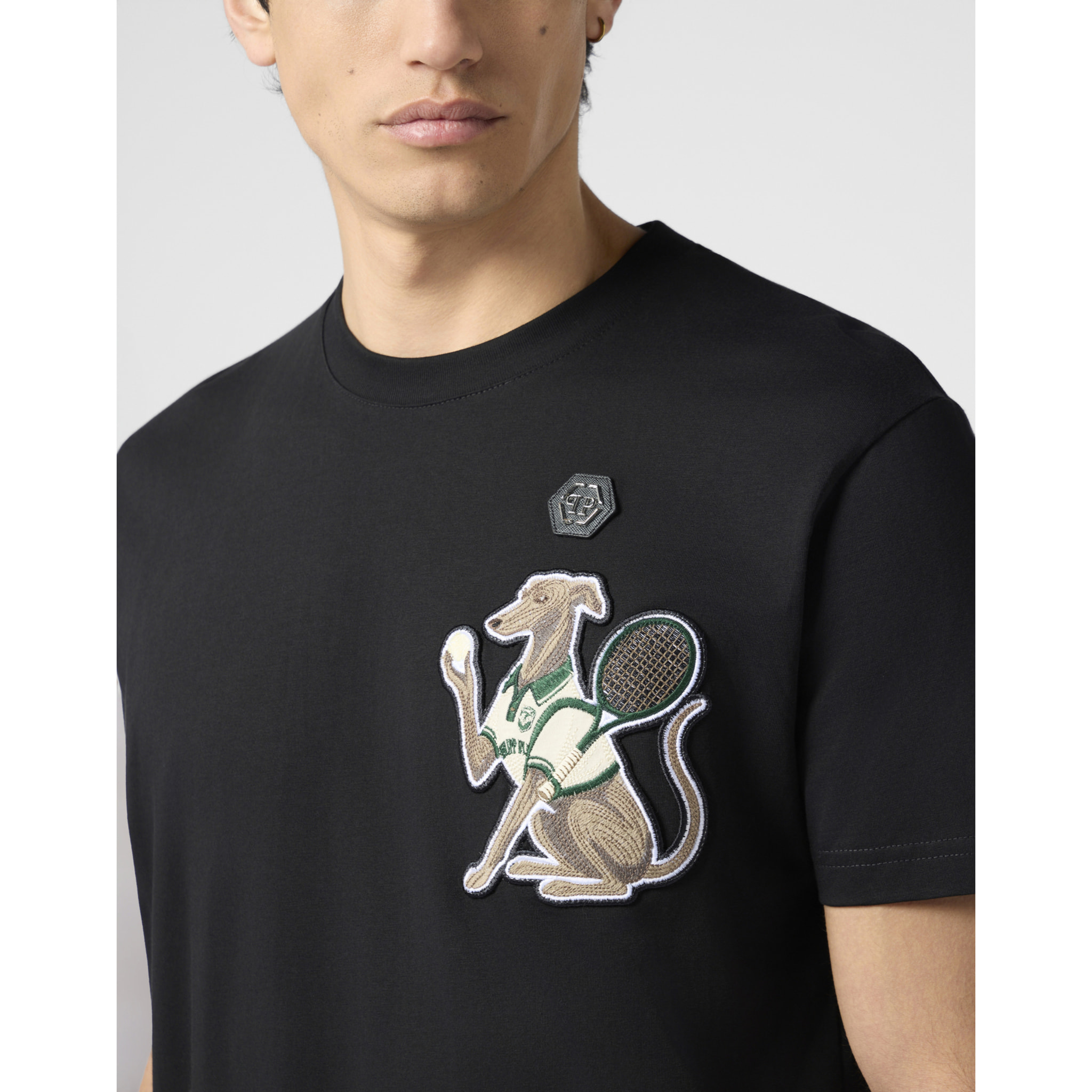 PHILIPP PLEIN Round Neck T-Shirt Tennis Pet Patch