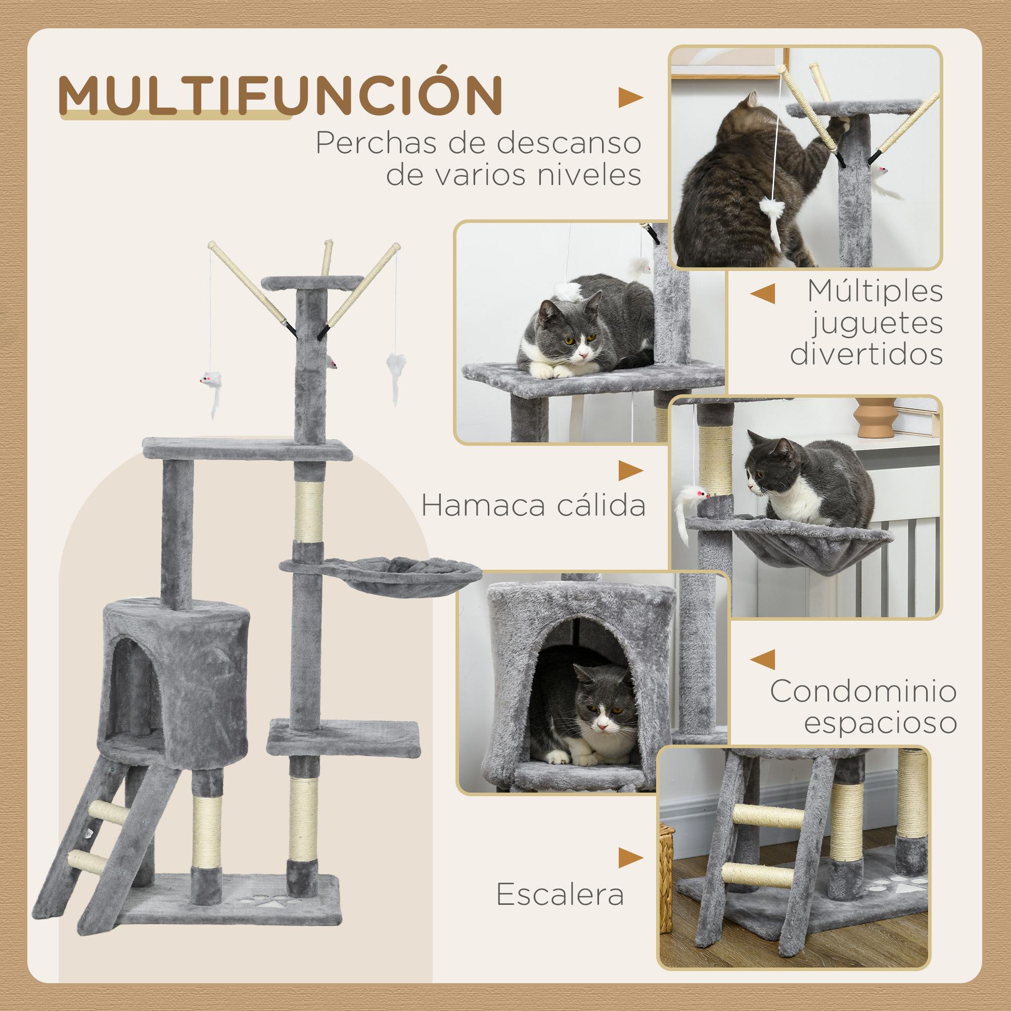 Árbol para gatos Rascador Grande 50x35x134,2 cm con Nidos Plataformas Casetas Ratón de Juego Hamaca Postes de Sisal Cubierto de Felpa Gris