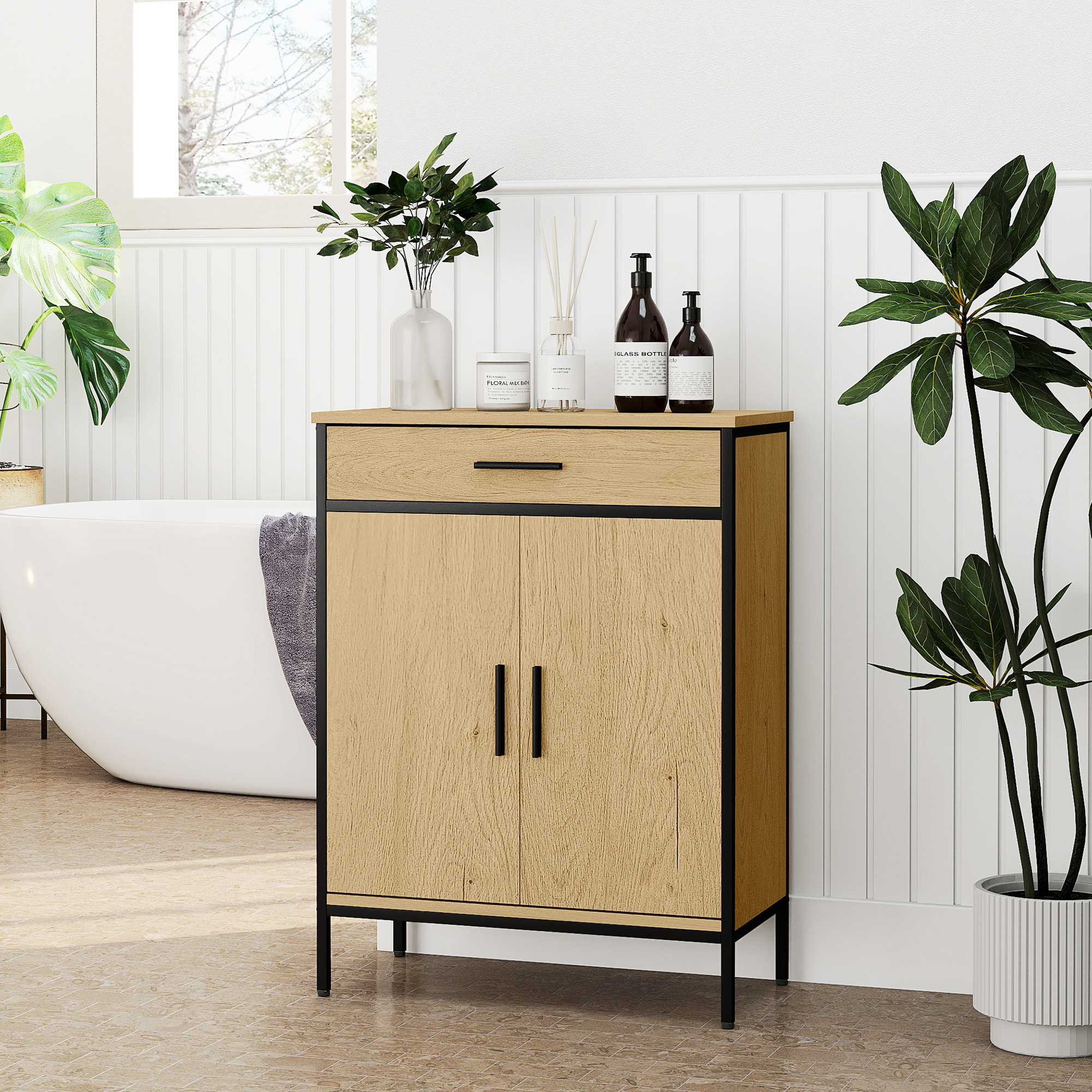 Meuble bas de salle de bain métal bois style industriel - buffet 2 portes étagère tiroir - dim. 60 x 30 x 80 cm