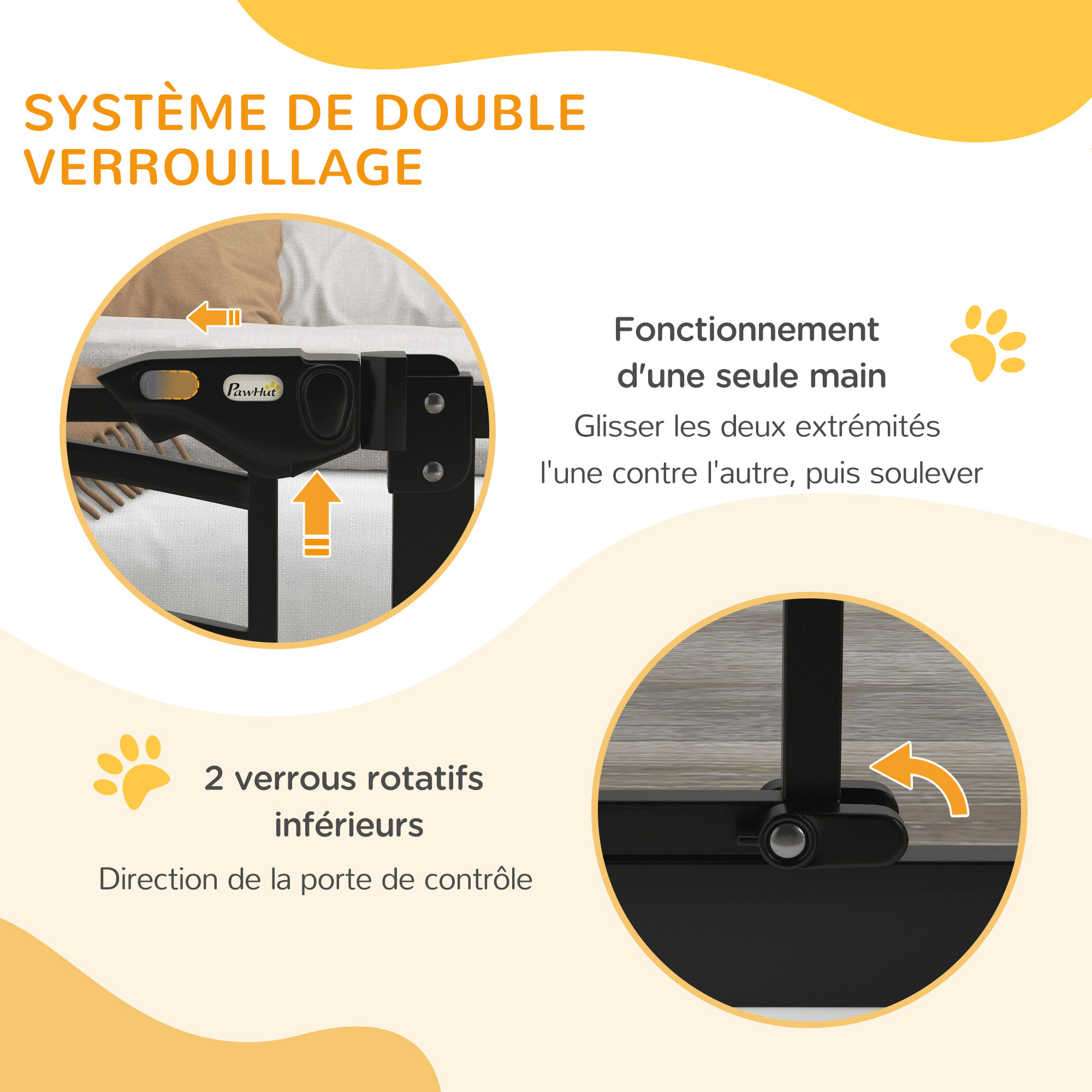 Barrière de sécurité pour chien extensible 74-80 cm, double verrouillage, fermeture automatique, barrière d'escalier à fixation par pression sans percer, hauteur 76 cm, noir