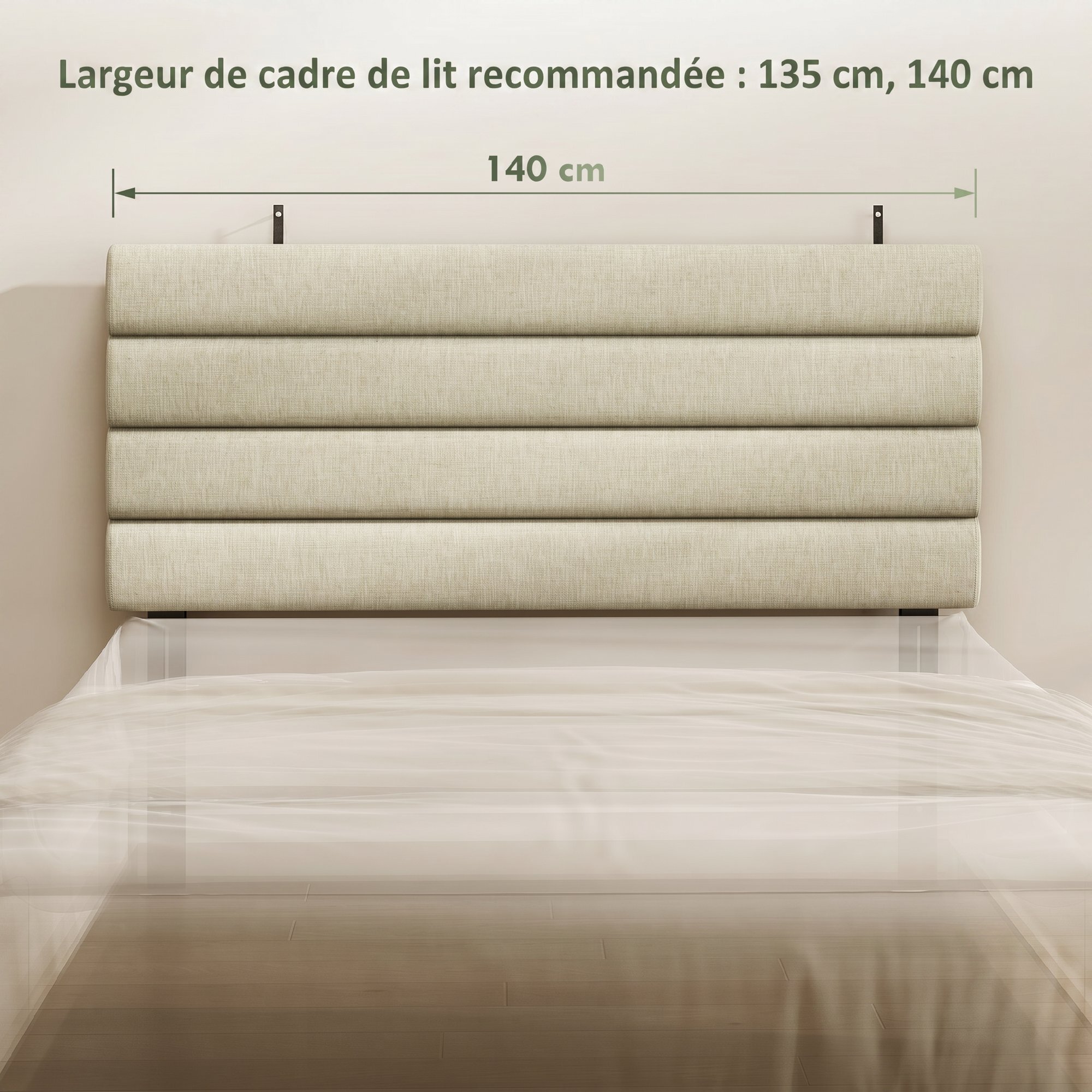 Tête de lit matelassée hauteur réglable 3 niveaux dim. L.140 x P.10 x H.106/116/126 cm tissu beige