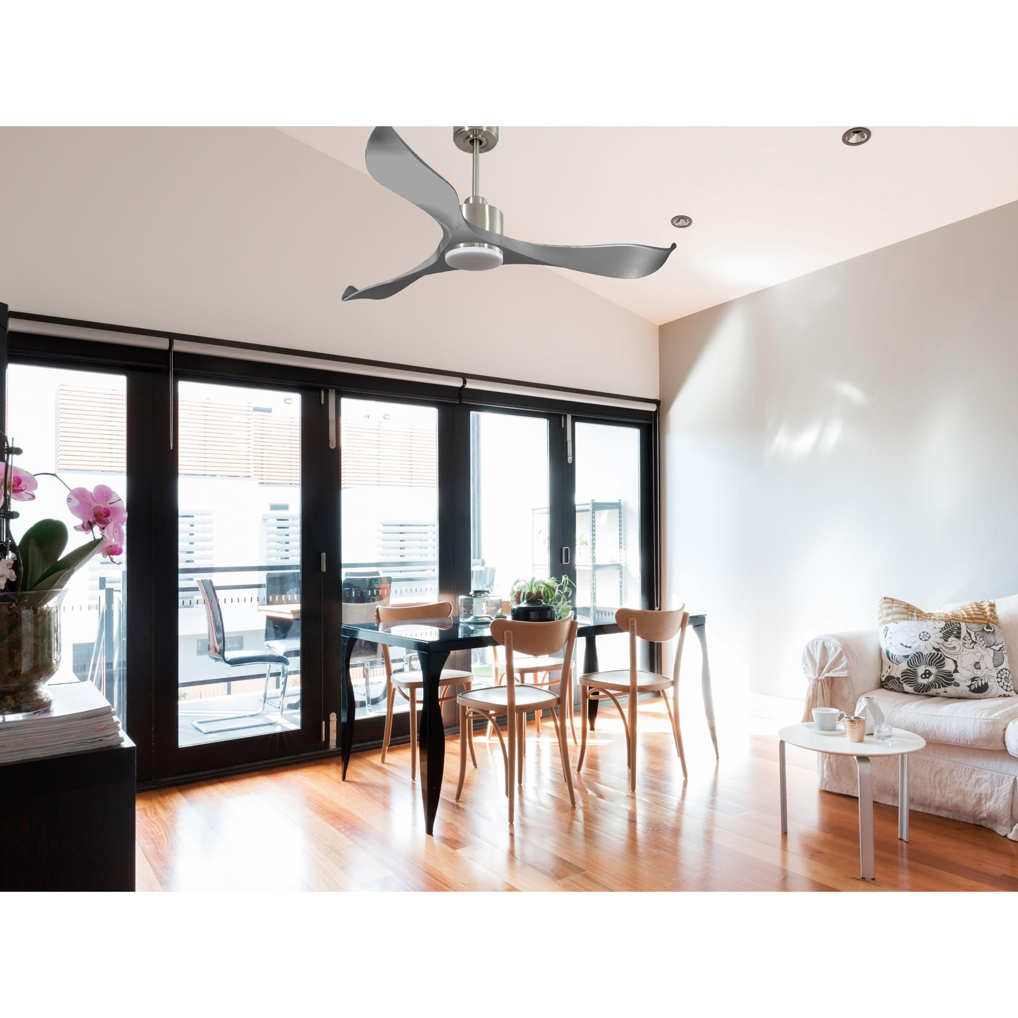 Ventilador de techo Reversible Termostato Dimable Wifi Motor DC Techos Inclinados Mando a Distancia Luz tres tonos Memoria TrawanganD132C03LED65040 PURLINE