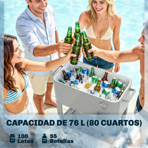 Carrito Nevera de 76L con Ruedas, Carro de Bebidas con Estante, Abrebotellas, Recogetapas, Drenaje y 2 Asas, Mesa Nevera Jardín Exterior para Patio, Fiesta, BBQ, 92x39x81 cm, Plateado