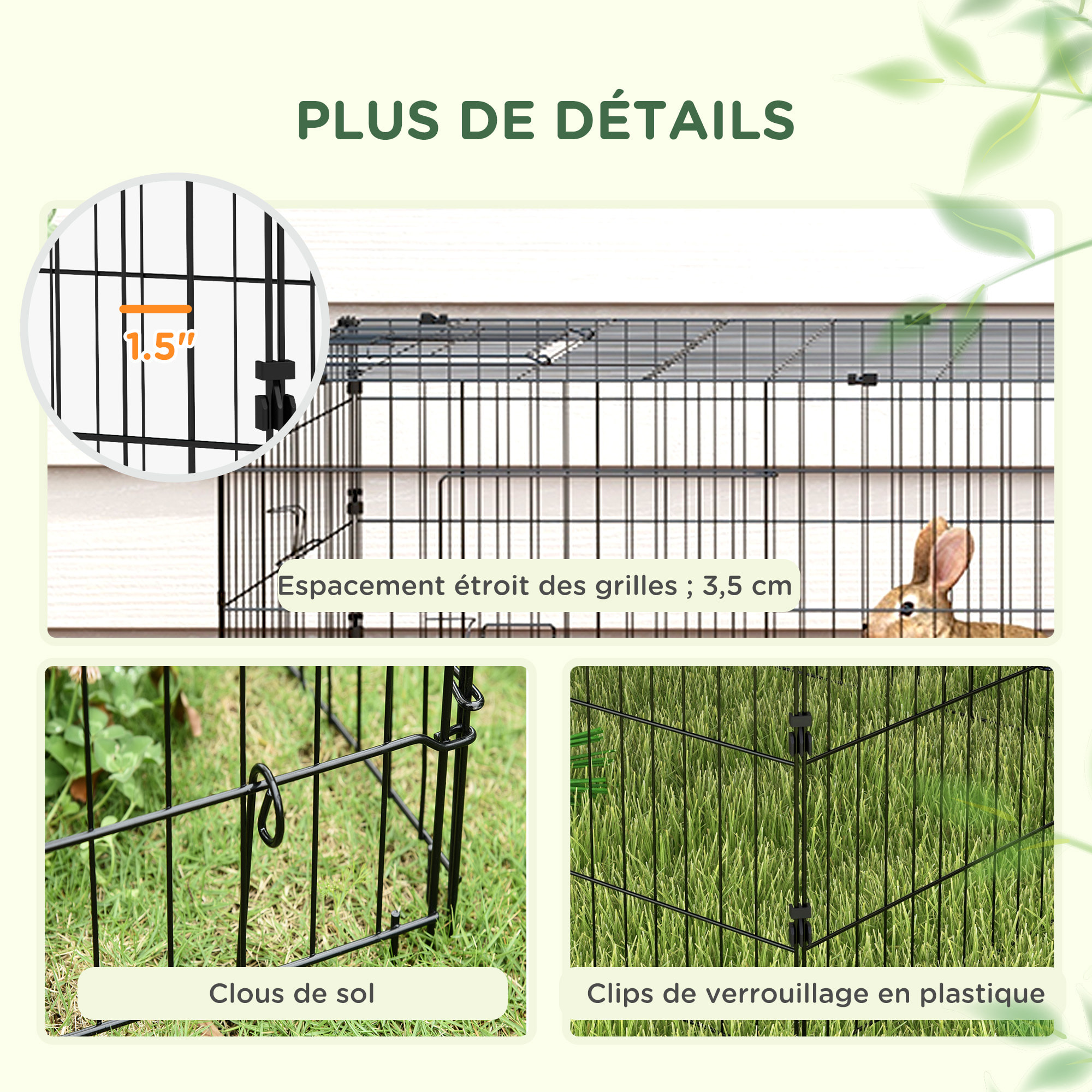 Parc enclos modulable acier avec bache pour lapins rongeurs petits animaux intérieur extérieur 185L x 75l x 50H cm vert