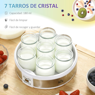 Yogurtera 20W Capacidad 1,26L Máquina de Yogur con 7 Tarros de Cristal de 180 ml Termostato Ajustable Temporizador de 1-48 Horas y Pantalla LED 24x24x13 cm Blanco