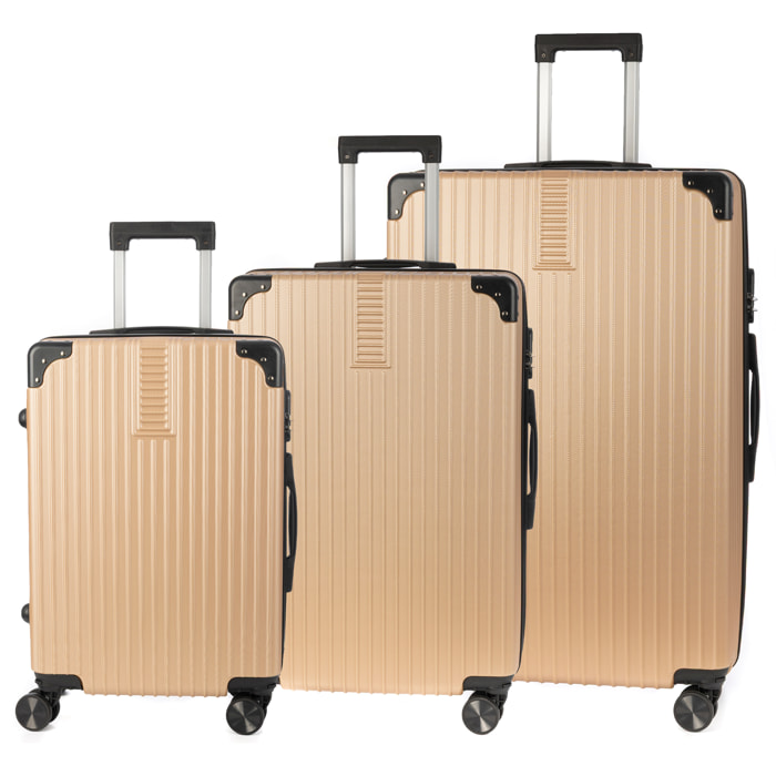 DAM Juego de 3 maletas Trolley, en material ligero ABS de alta resistencia con esquinas reforzadas. Cerradura numérica y 4 ruedas dobles extraíbles y giratorias 360°. 52x31x78 Cm. Color: Oro