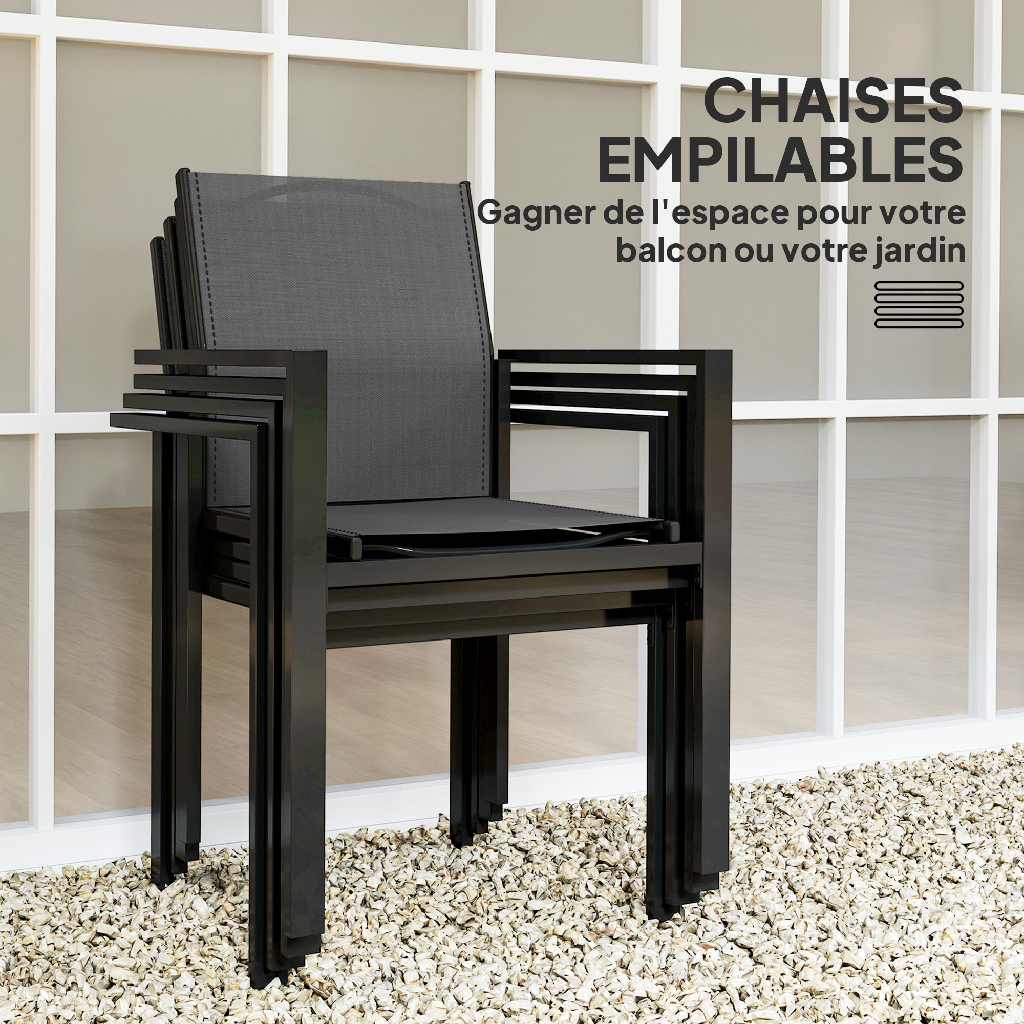 Ensemble table de jardin rectangulaire et 4 chaises empilables métal textliène verre trempé noir
