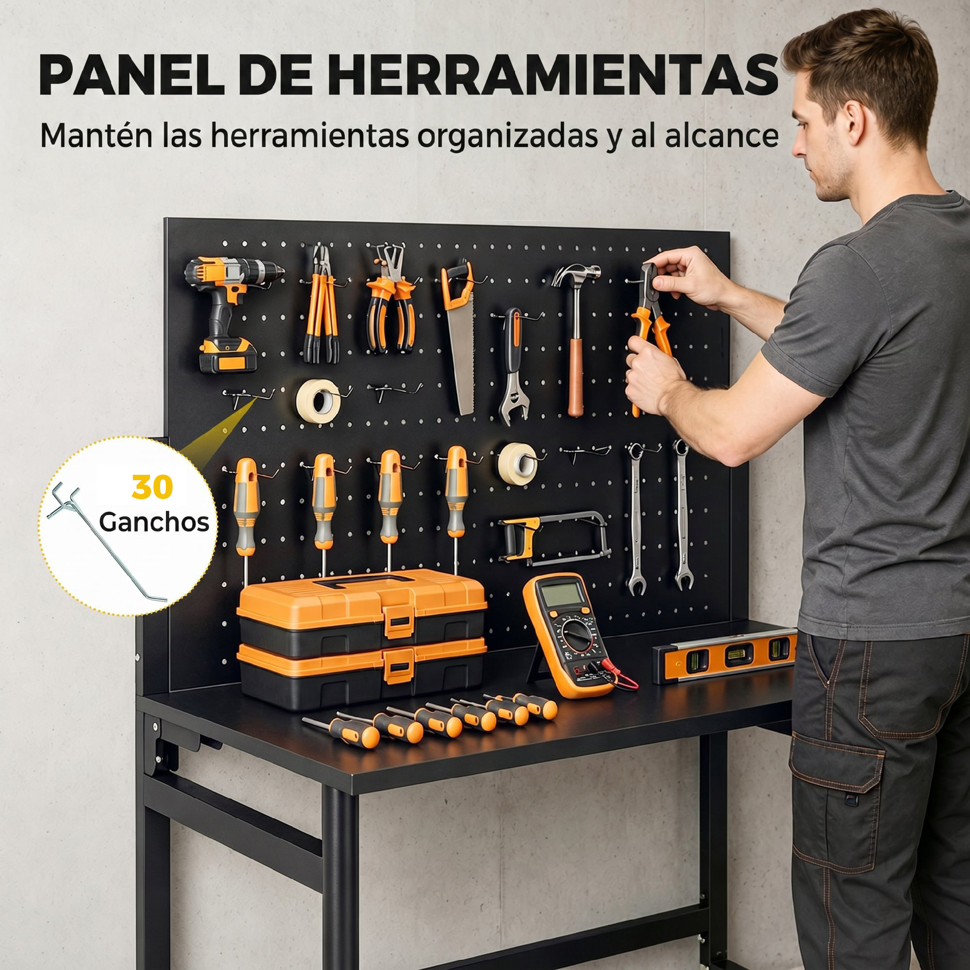 Banco de Trabajo Plegable con Tablero Perforado y Ruedas, Mesa de Trabajo Plegable con Ganchos, Marco de Acero, Banco para Garaje o Taller, 115x62x143,5 cm, Negro