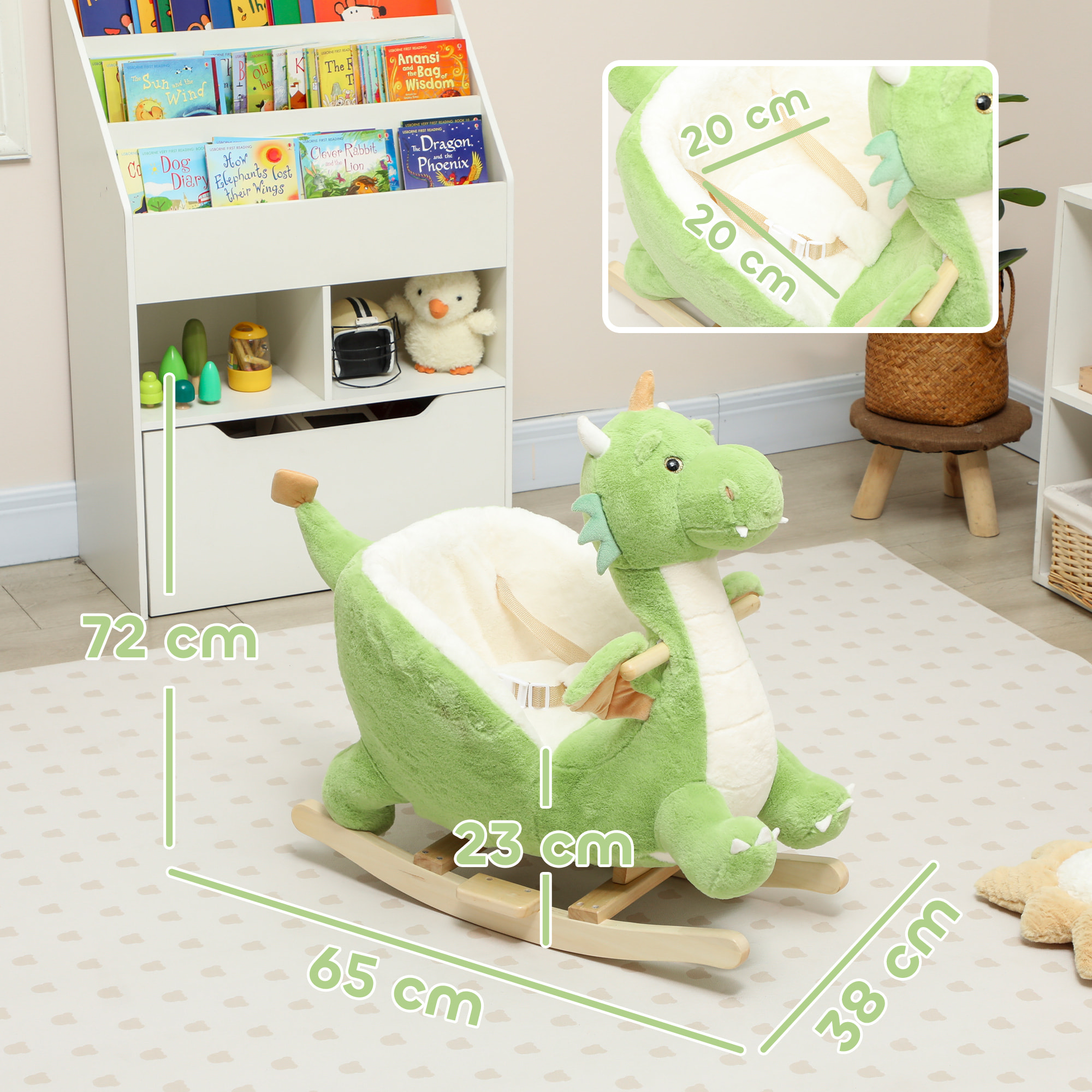 Caballito Balancín para Bebés con Sonido de Dragón, Caballo Balancín de Peluche con Base de Madera, Cinturón de Seguridad, para Niños de 18-36 Meses, Verde
