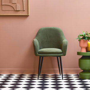Fauteuil en velours côtelé kaki et pieds en métal noir mat. L 57 x P 59 x H 84.5