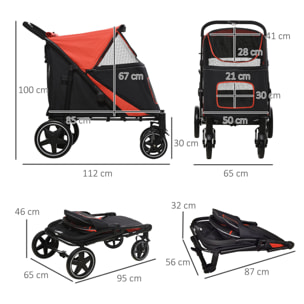 Cochecito para Perros Plegable Carrito para Mascotas con Ventanas de Malla Correas de Seguridad Bolsillos de Almacenamiento Carga 40 kg 112x65x100 cm Rojo